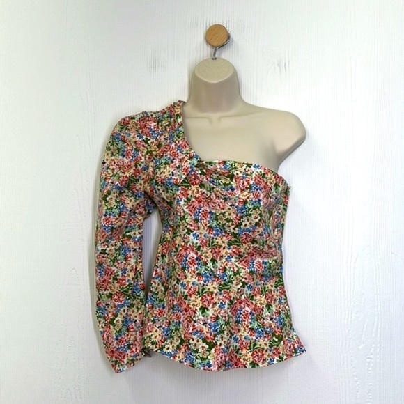 Zara - Bright Colorful Floral One Shoulder Puffed Sleeve Blouse Size XS - Picture 2 of 9